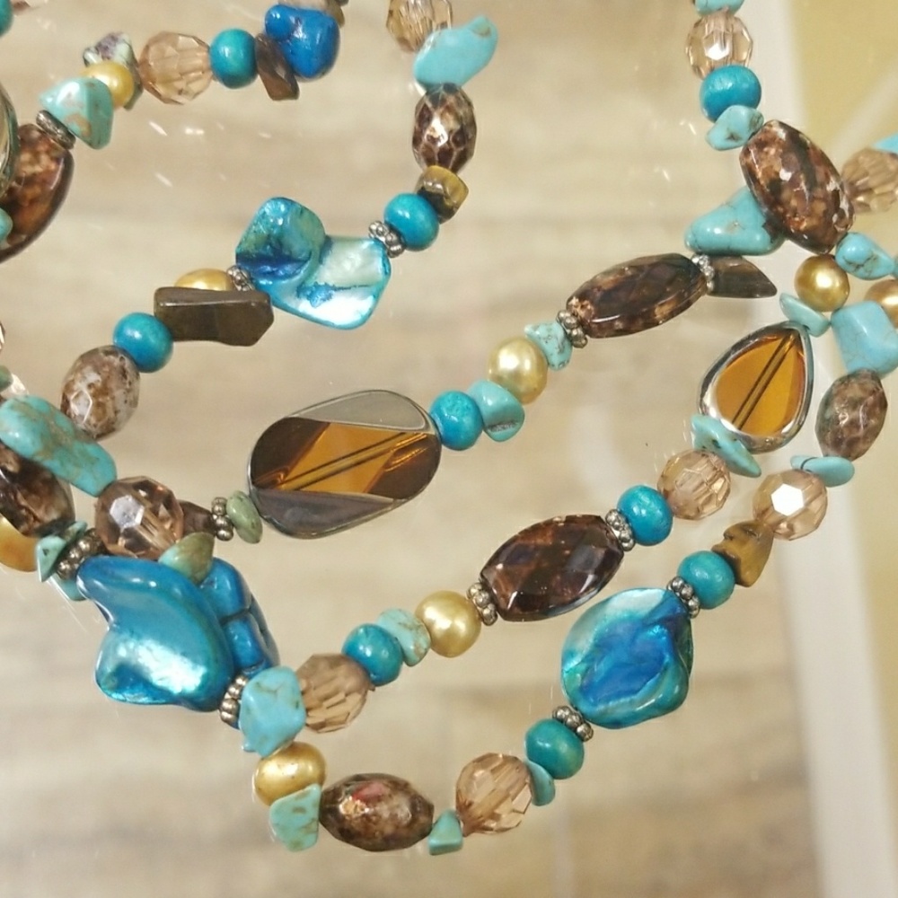 Artisan Handmade Brown Turquoise Teal Golden Shell Necklace NEW - Picture 1 of 5